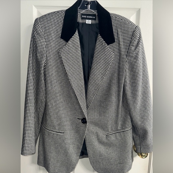 Sag Harbor blazer houndstooth black/white acrylic poly Wool blend Velvet Collar - Picture 1 of 5